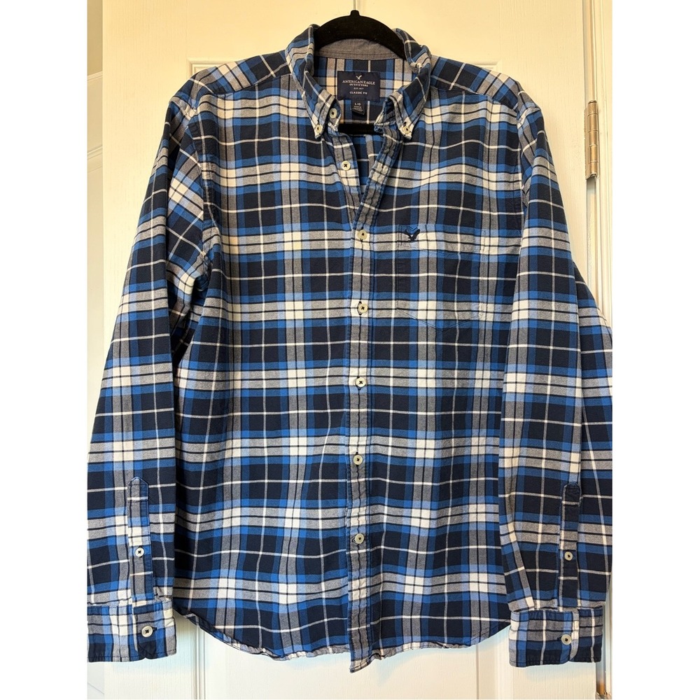 American‎ Eagle Outfitters Blue Plaid Classic Fit Button Down Shirt Mens Large L